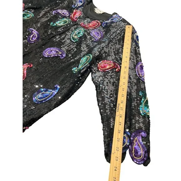 Vintage Scala Sequin Silk Jacket Paisley Beaded Black Purple Pink Blazer Size 2X - Picture 9 of 10